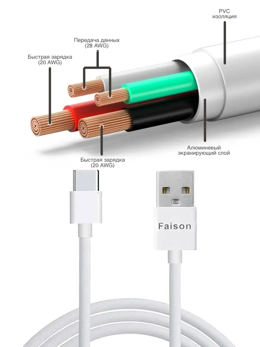 Кабель USB - Type-C юсб тайпси для зарядки телефона 2м FaisON 38278816  купить в интернет-магазине Wildberries