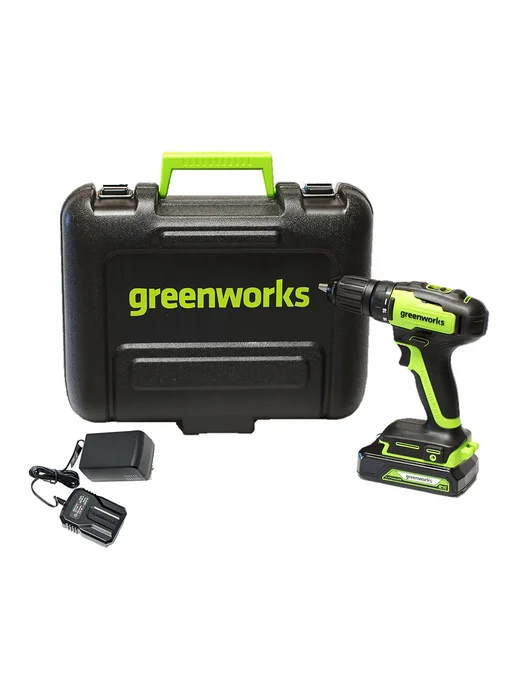 Greenworks Дрель-шуруповерт 24V, б щет, АКБ 2 Ач и ЗУ, кейс, зеленый, фото 2