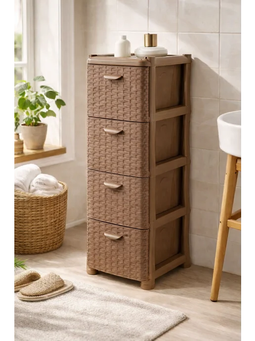 BestHome Пластиковый комод, 4 ящика, ротанг, бежевый
