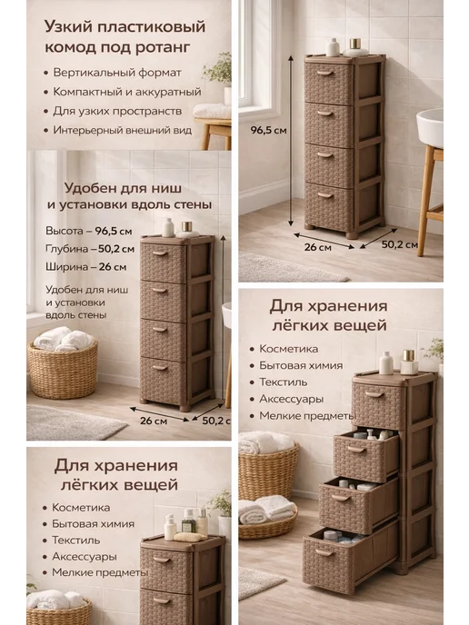 BestHome Пластиковый комод, 4 ящика, ротанг, бежевый, фото 3