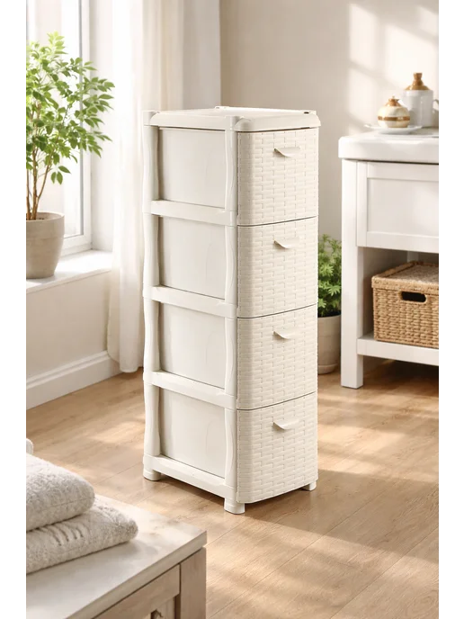 BestHome Пластиковый комод, 4 ящика, ротанг, белый