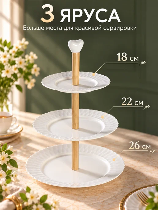 Доляна Блюдо этажерка сервировочное фруктовница 3 яруса для закусок, белый, фото 2