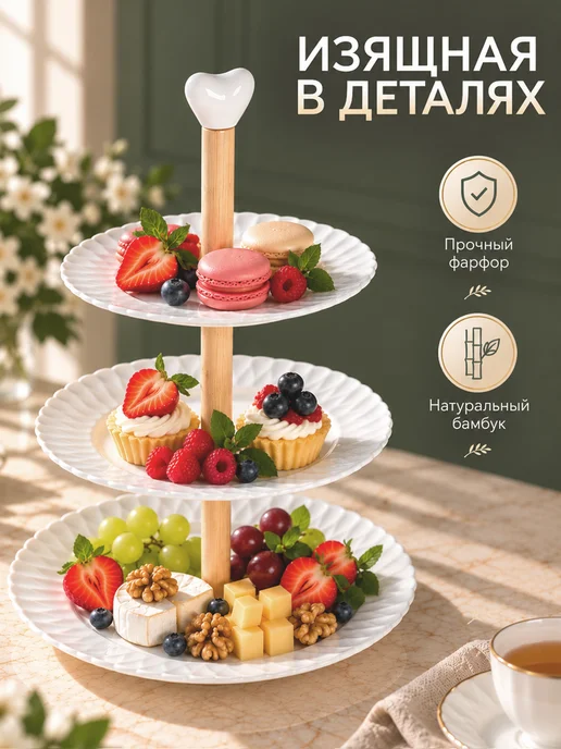 Доляна Блюдо этажерка сервировочное фруктовница 3 яруса для закусок, белый, фото 3