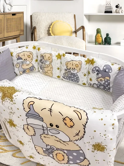 Happy Family Studio Бортики в детскую кроватку с постельным бельем, серый, фото 2