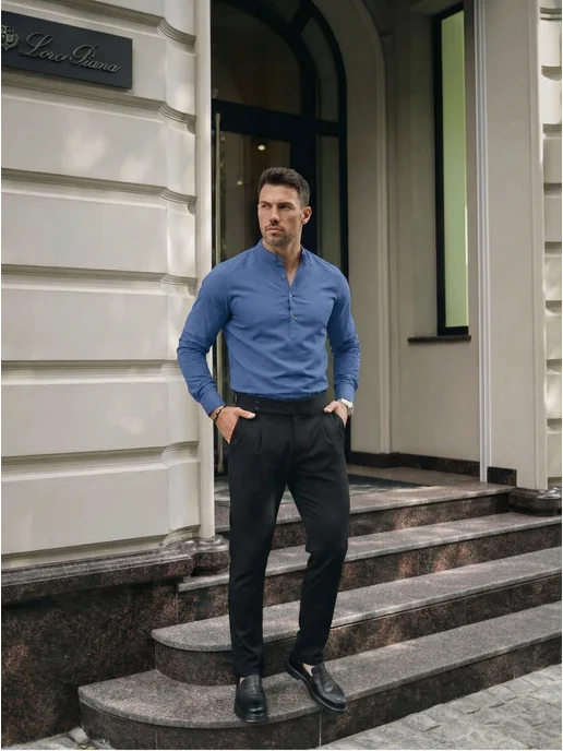 AVZ FASHION Рубашка поло приталенная с воротником стойка, синий, фото 2