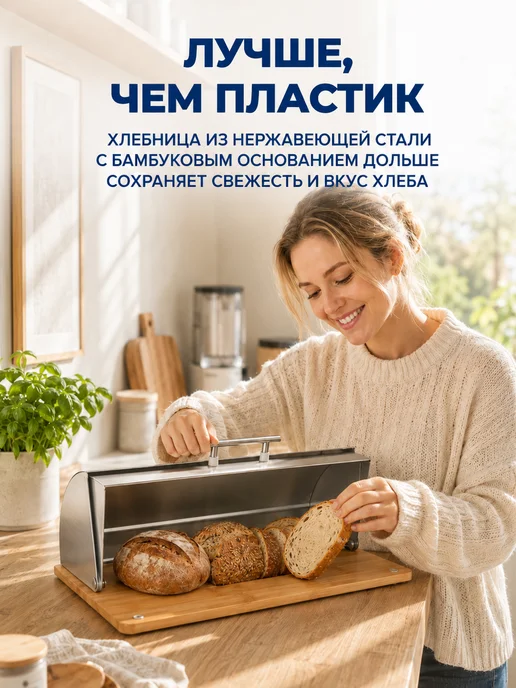 feel Maestro at home Хлебница деревянная с металлической крышкой 38х24х14,2cм, серый, фото 2