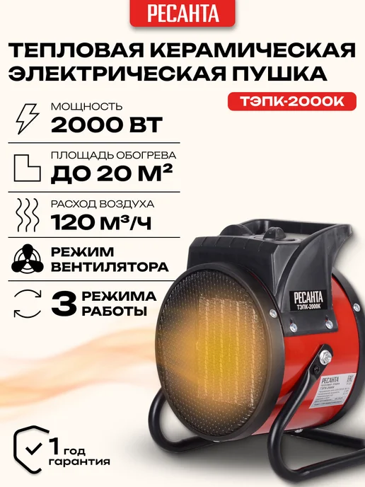 РЕСАНТА Тепловая пушка электрическая обогреватель тэпк-2000к, черный