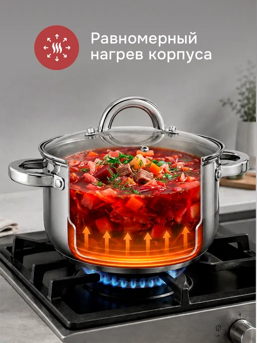 Appetite Кастрюля 1,5 л со стеклянной крышкой нержавеющая сталь, 1,5 л, фото 3