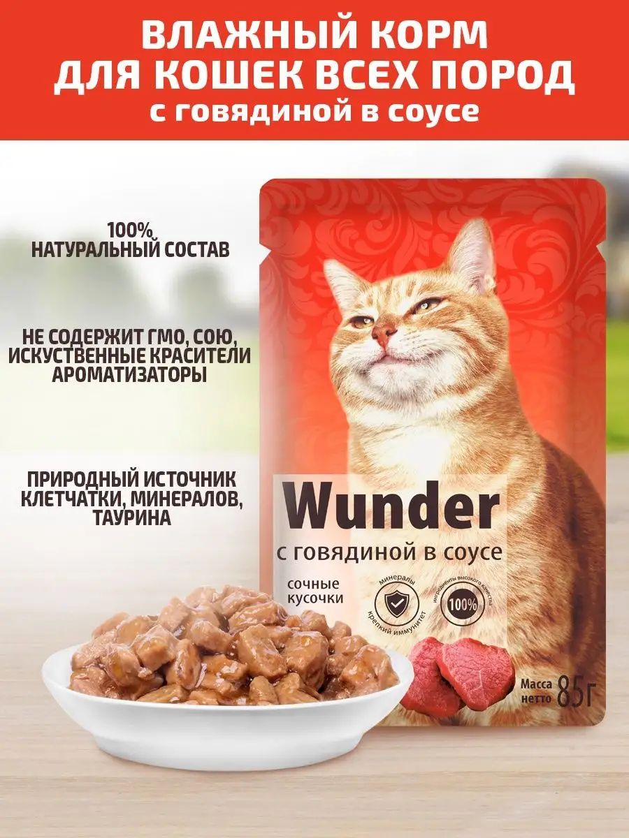 Влажный корм для кошек говядина в соусе, 1уп/24паучи по 85гр Wunder  39429663 купить за 477 ₽ в интернет-магазине Wildberries