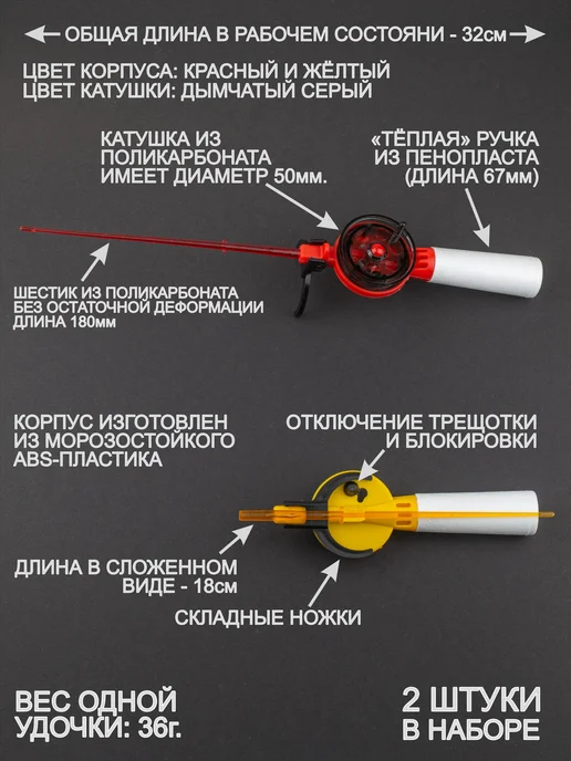 Пирс Удочки для зимней рыбалки ПК-50, 2 штуки, красный, фото 2