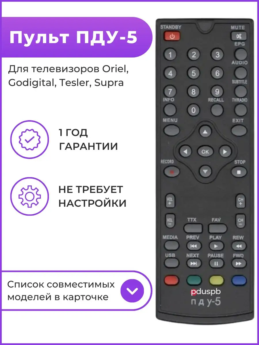 Пульт ПДУ-5 для ресиверов ORIEL, GODIGITAL, SUPRA PduSpb 39539719 купить за  407 ₽ в интернет-магазине Wildberries