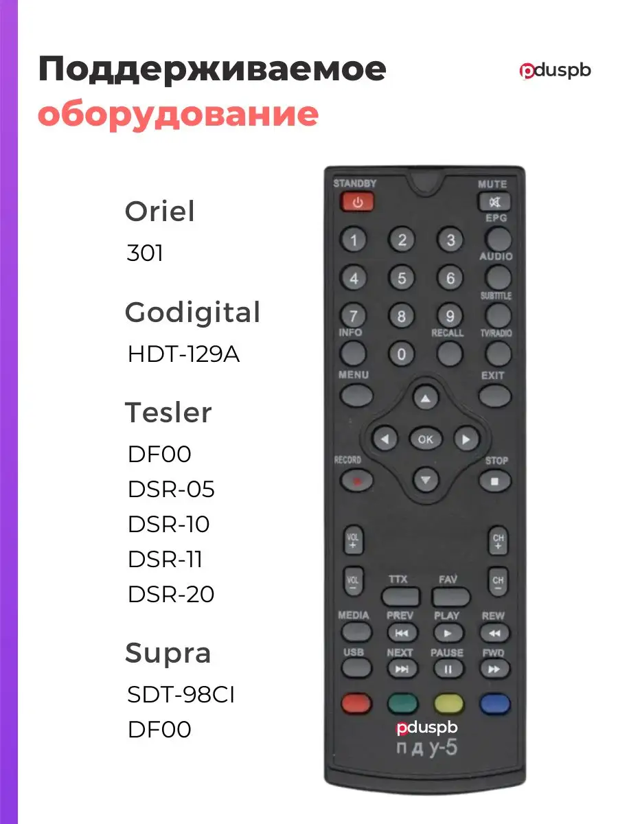 Пульт ПДУ-5 для ресиверов ORIEL, GODIGITAL, SUPRA PduSpb 39539719 купить за  407 ₽ в интернет-магазине Wildberries