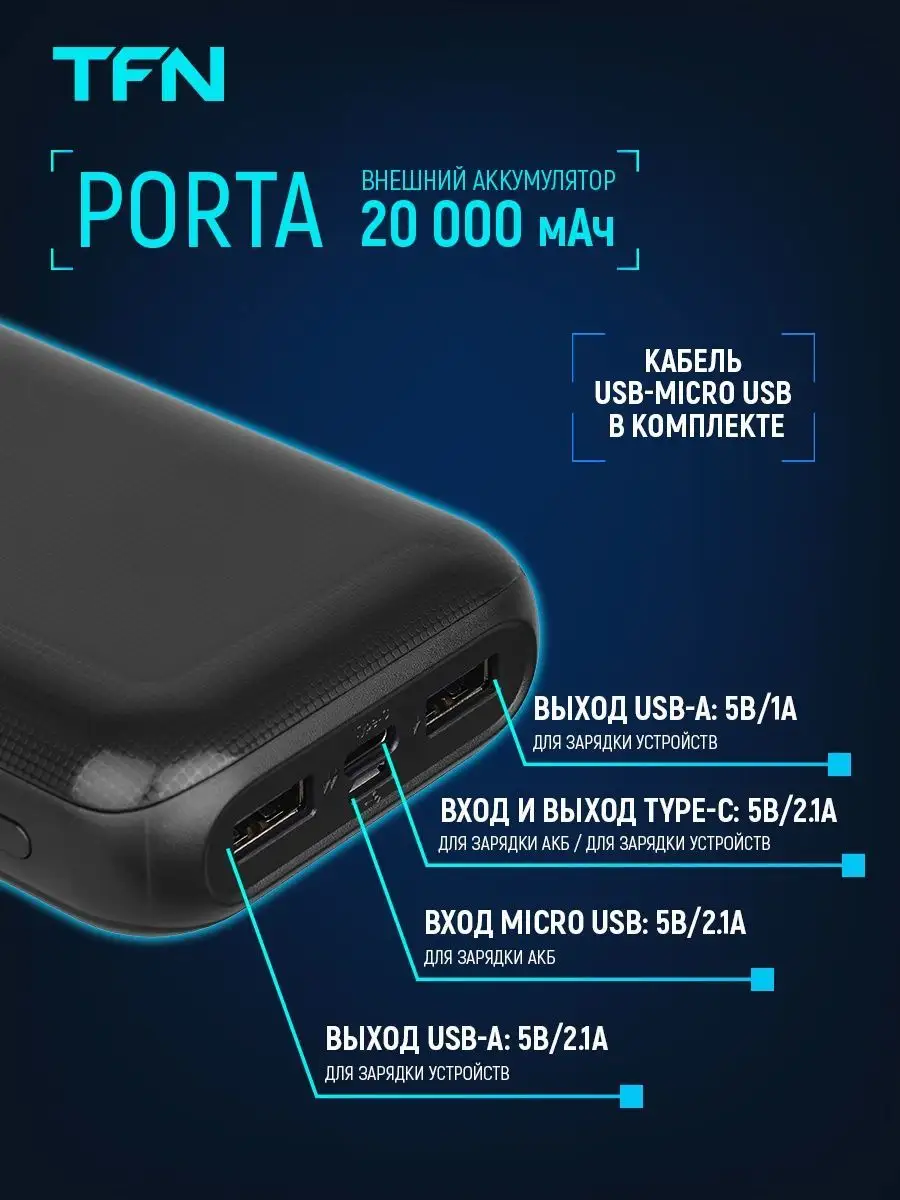 Внешний аккумулятор 20000 mAh Porta 20, Powerbank TFN 39983557 купить за  808 ₽ в интернет-магазине Wildberries