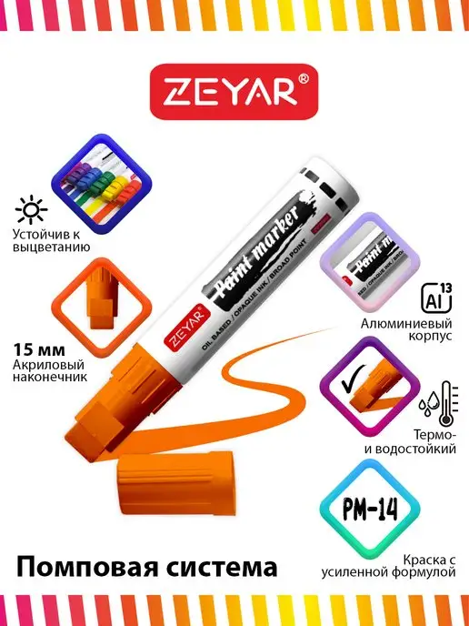 ZEYAR Маркер-краска масляный paint marker 2,5 мм черный, оранжевый, фото 4