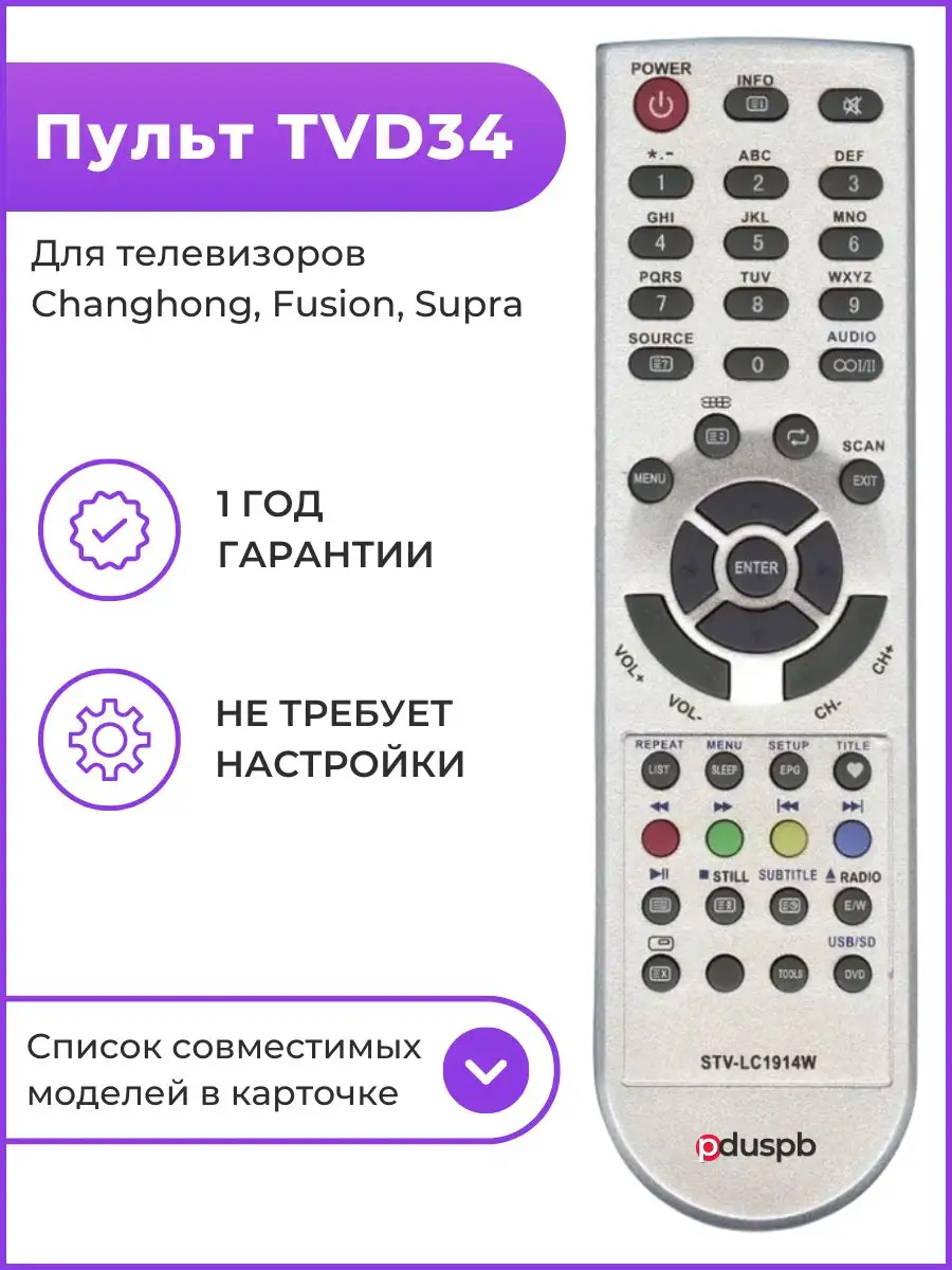 Пульт TVD34 для телевизора Supra / Changhong / Fusion PduSpb 40274444  купить за 418 ₽ в интернет-магазине Wildberries