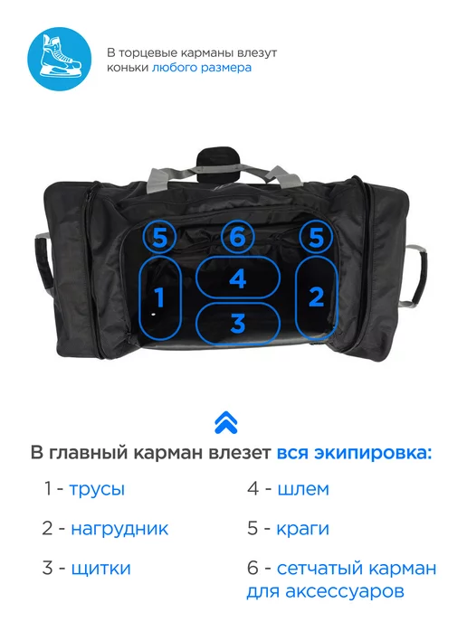 VITOKIN Баул хоккейный с карманами на колесах и выдвижной ручкой, черный, фото 4