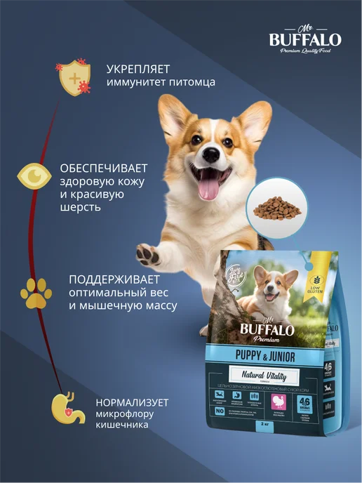 Сухой корм Mr.BUFFALO Мистер Баффало для собак, щенки, индейка, 2 кг, фото 4