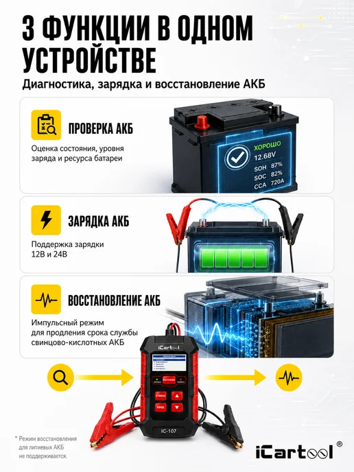 ICARTOOL Тестер АКБ 12 24В с функцией восстановления 3 в 1 IC-107, черный, фото 2