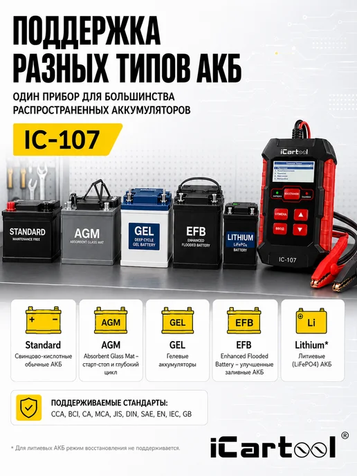 ICARTOOL Тестер АКБ 12 24В с функцией восстановления 3 в 1 IC-107, черный, фото 4
