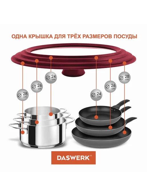 DASWERK Крышка универсальная силиконовая для сковороды 24-26-28 см, вариант, фото 3