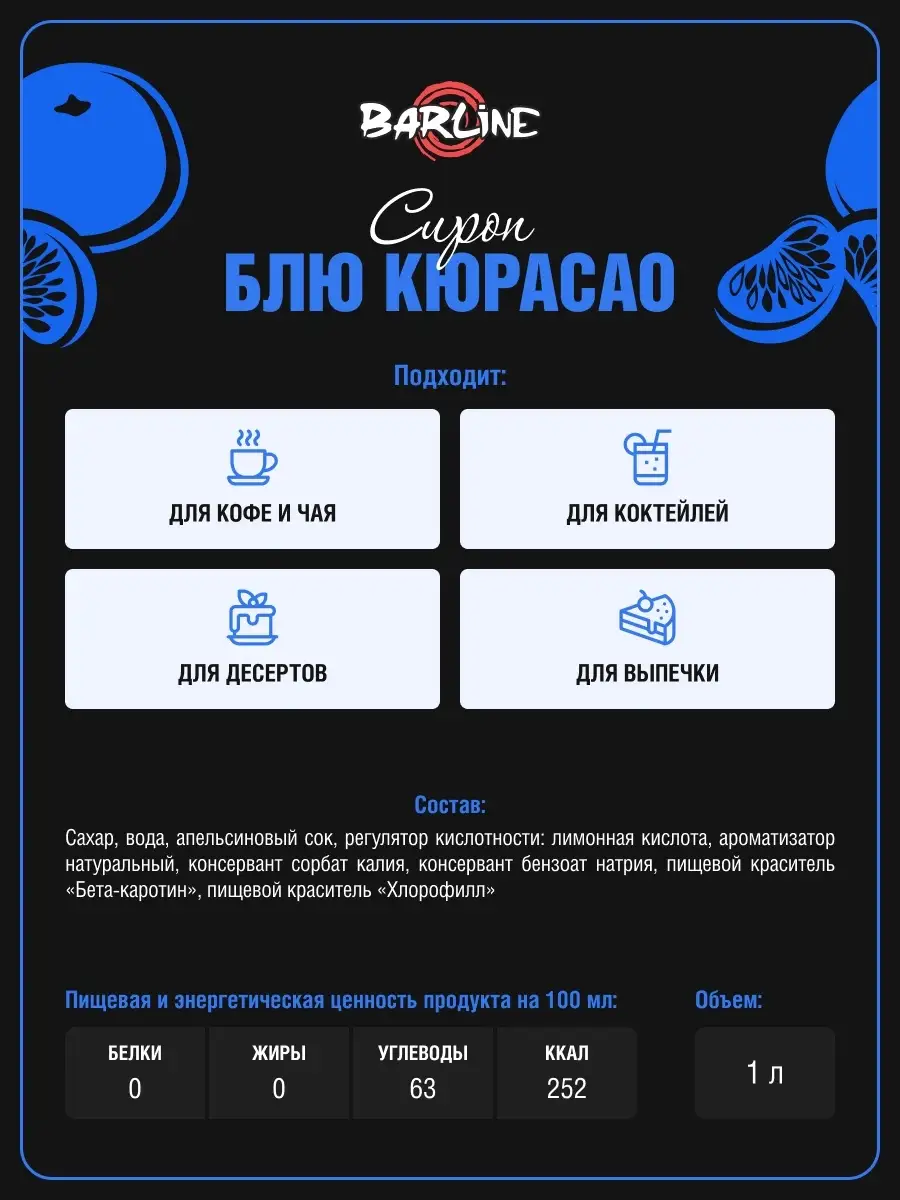 Блю Кюрасао (Blue Curaсao), 1 л в стекле Barline 41684104 купить за 474 ₽ в  интернет-магазине Wildberries