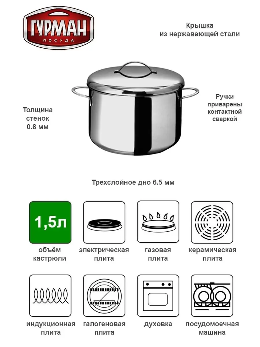 Кастрюля 1.5 л. Гурман Классик ВСМПО 110315 ВСМПО ГУРМАН 41838881 купить за  3 506 ₽ в интернет-магазине Wildberries