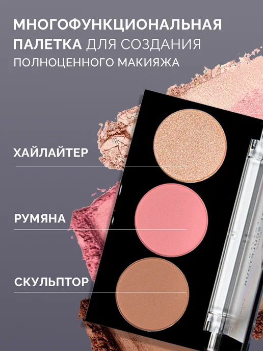 POETEQ Палетка для контуринга лица. Скульптор, румяна, хайлайтер, розовый, фото 2