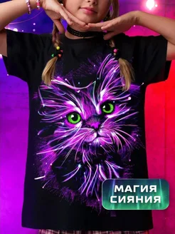 Светящаяся футболка с кошкой детская Фосфор 42512898 купить за 559 ₽ в интернет-магазине Wildberries