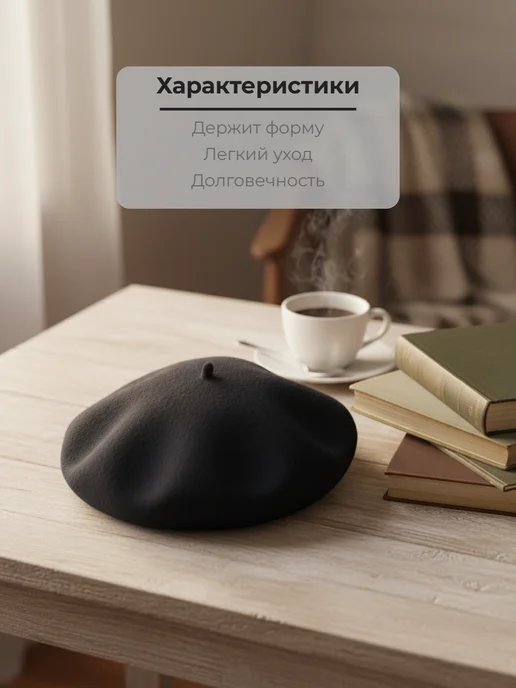 LERAYSENSE Берет шерстяной классический осенний без подклада, черный, фото 4